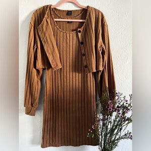 SHEIN Ribbed Long Sleeve Knit Dress with Cropped Cardigan - Camel